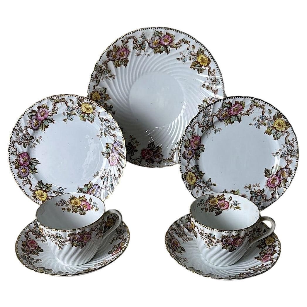 Staffordshire Pair Of Coffee/Tea Cups With Saucers And Dessert Tray