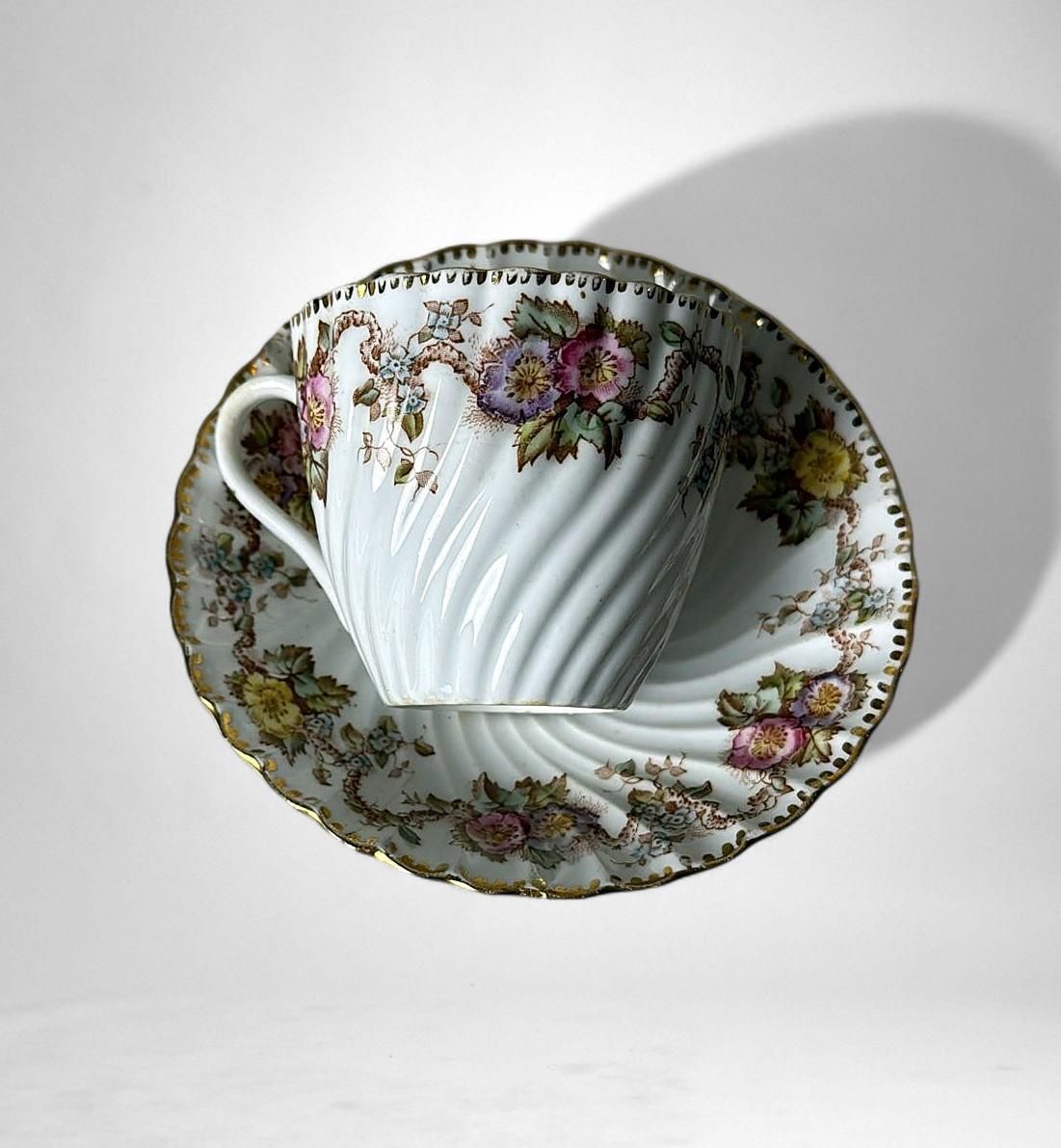 Staffordshire Pair Of Coffee/Tea Cups With Saucers And Dessert Tray photo vinterior