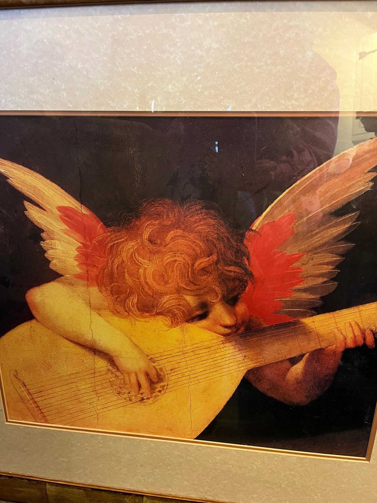 Vintage Large Framed Print Of Angel Playing Lute An Oil On Wood By Rosso Fiorentino Circa 1571 photo for sale
