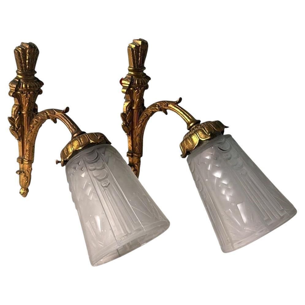 Art Nouveau Art Deco Pair Of Gilt Bronze And Cut Glass Wall Sconces