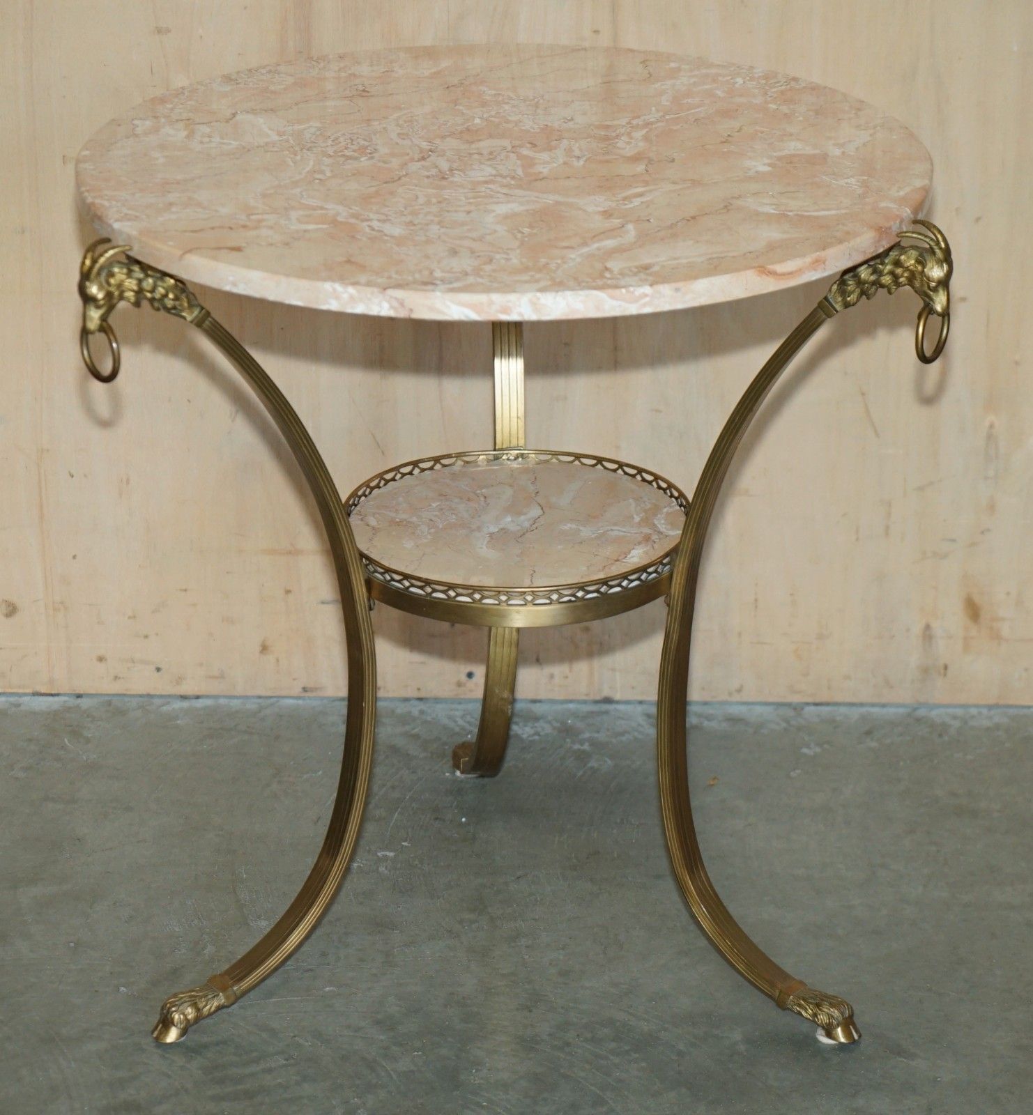 Pair Of Antique French Louis XVI Brass Rams Head Gueridon Marble Top Tables photo furniture