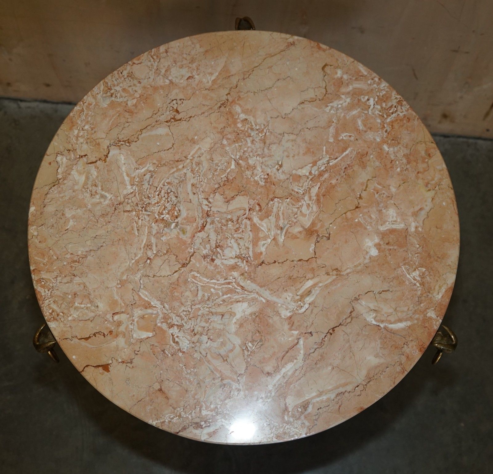 Pair Of Antique French Louis XVI Brass Rams Head Gueridon Marble Top Tables photo for sale