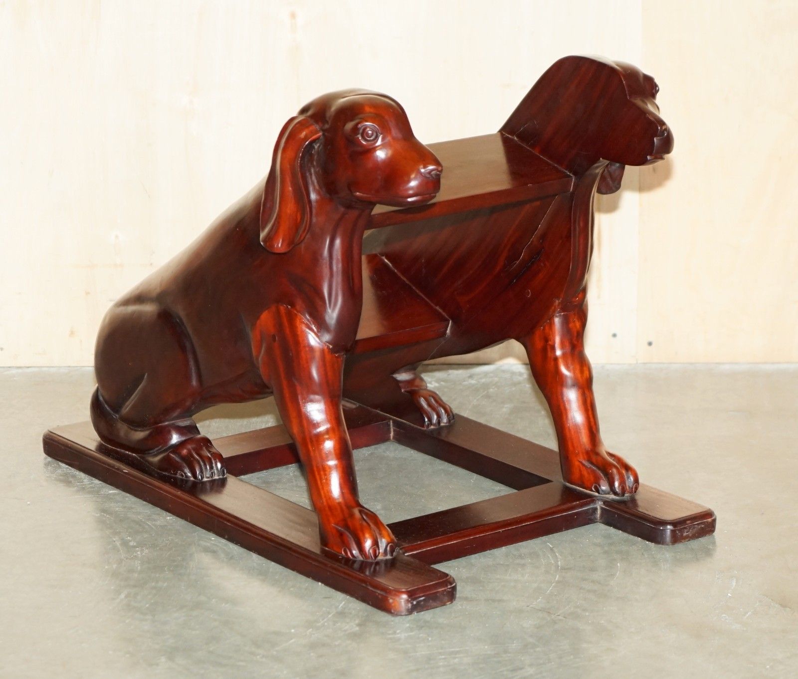 Pair Of Deep Mahogany Library Steps Depicting Ornately Carved Dogs To The Sides photo furniture