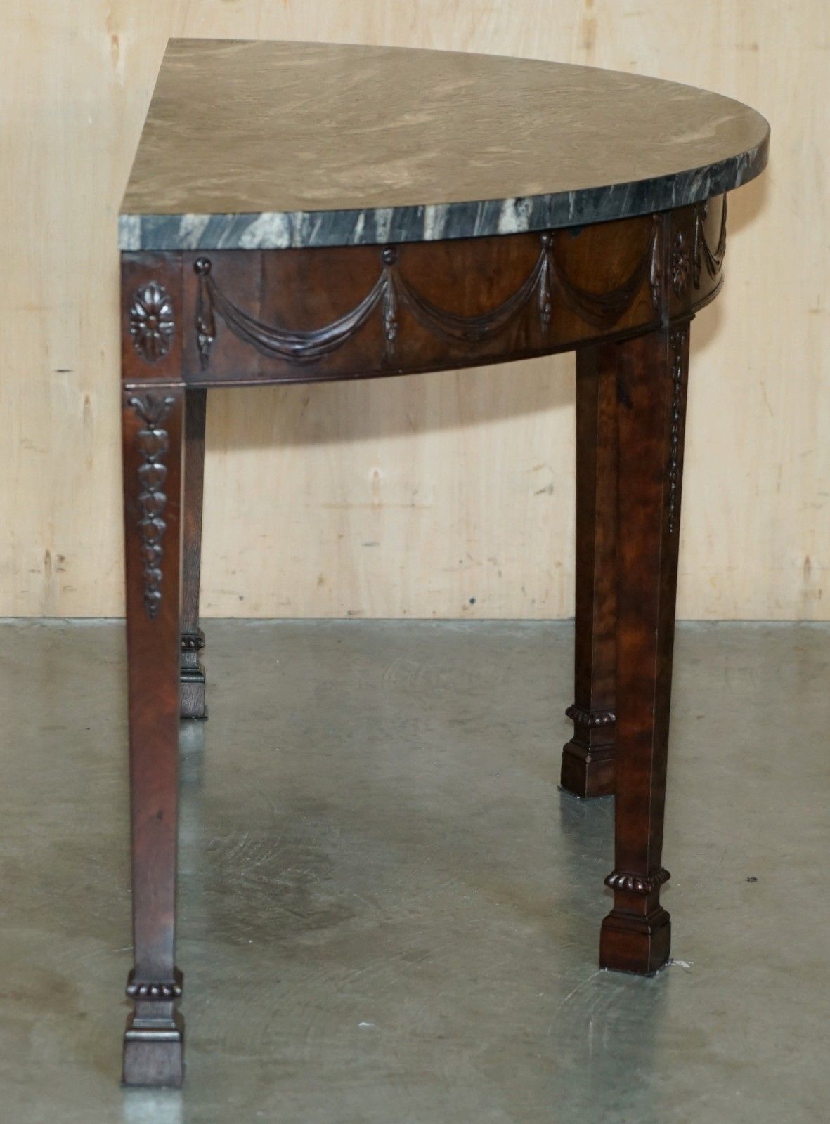 Furniture Pair Of 19th Century Mahogany Adams Demi Lune Wabi Sabi Marble Console Tables photo