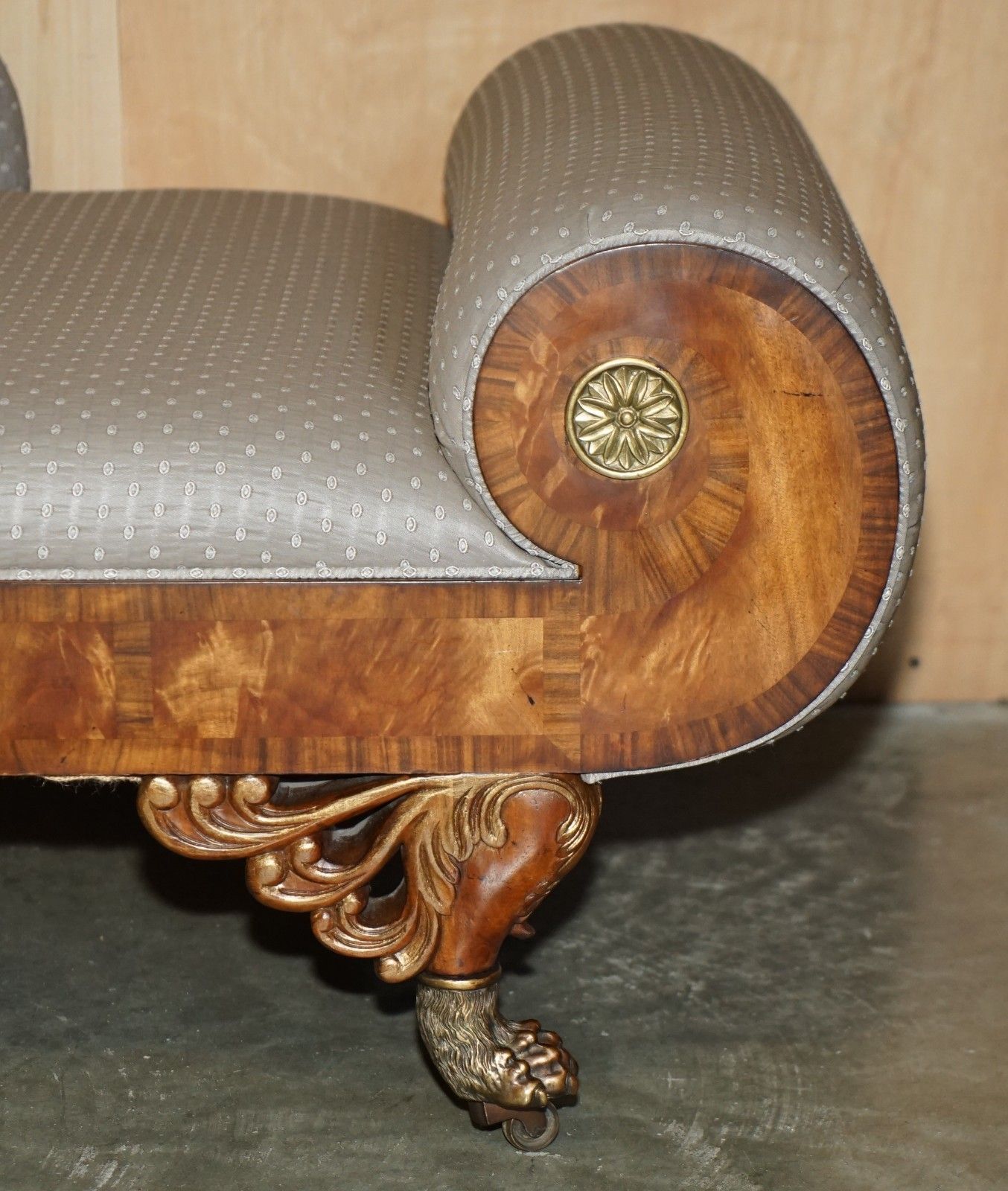 photo for sale Hand Carved Flamed Mahogany Gold Gilt Brass Lions Paw Feet Regency Chaise Lounge