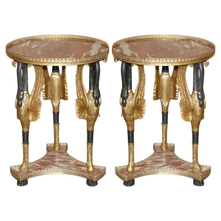 Important Pair Of Antique French Empire Brass Bronze & Marble Gueridon Tables