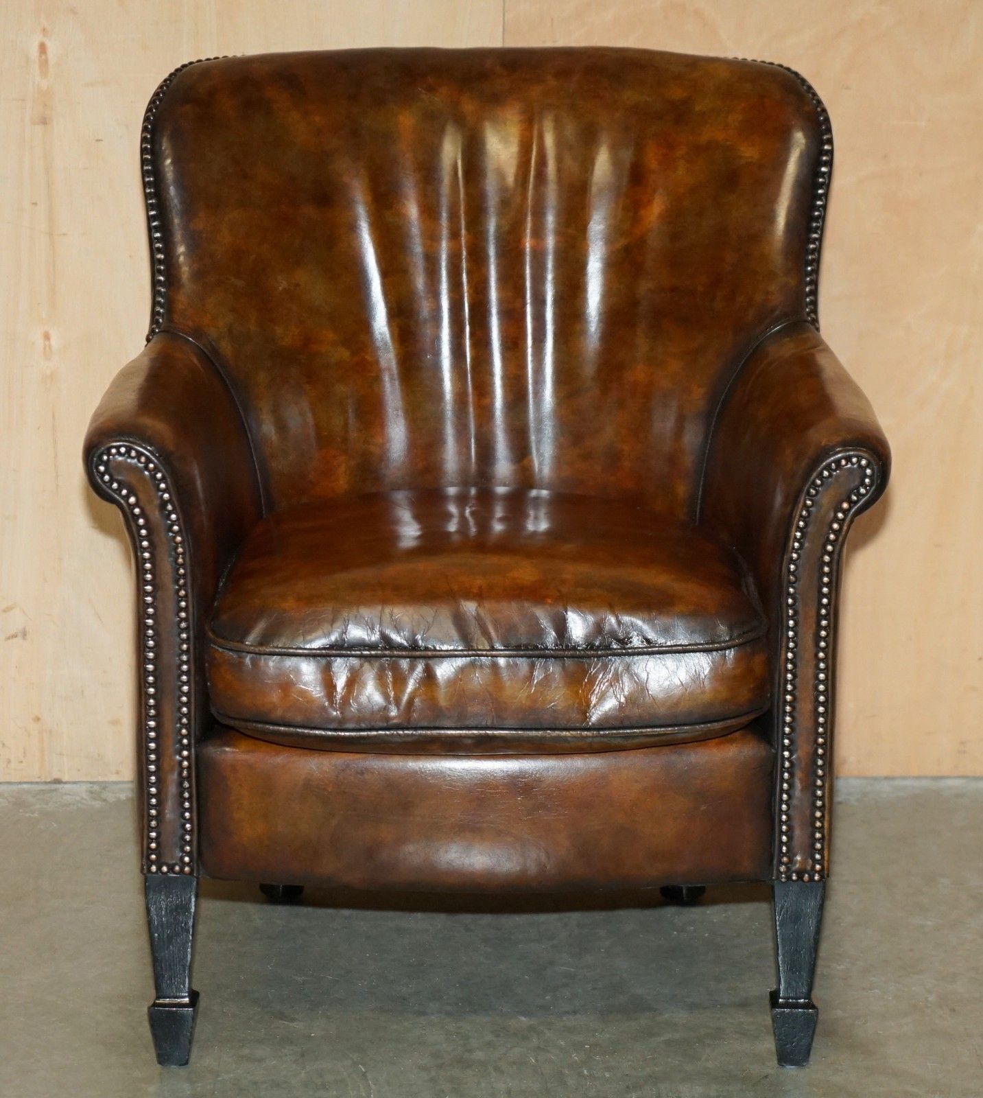 Vintage Hand Dyed Cigar Brown Leather Tub Club Armchair Hand Studded Upholstery photo for sale