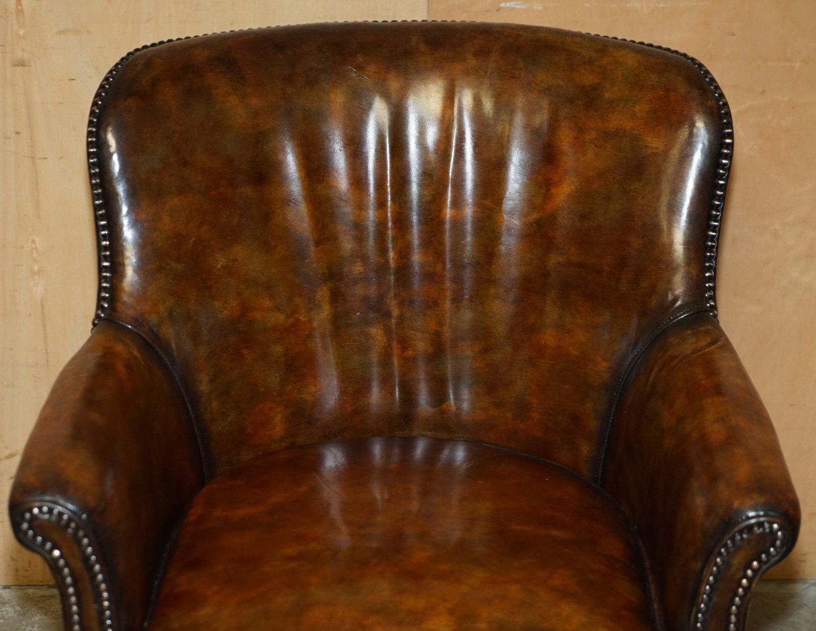 Vintage Hand Dyed Cigar Brown Leather Tub Club Armchair Hand Studded Upholstery photo Furniture