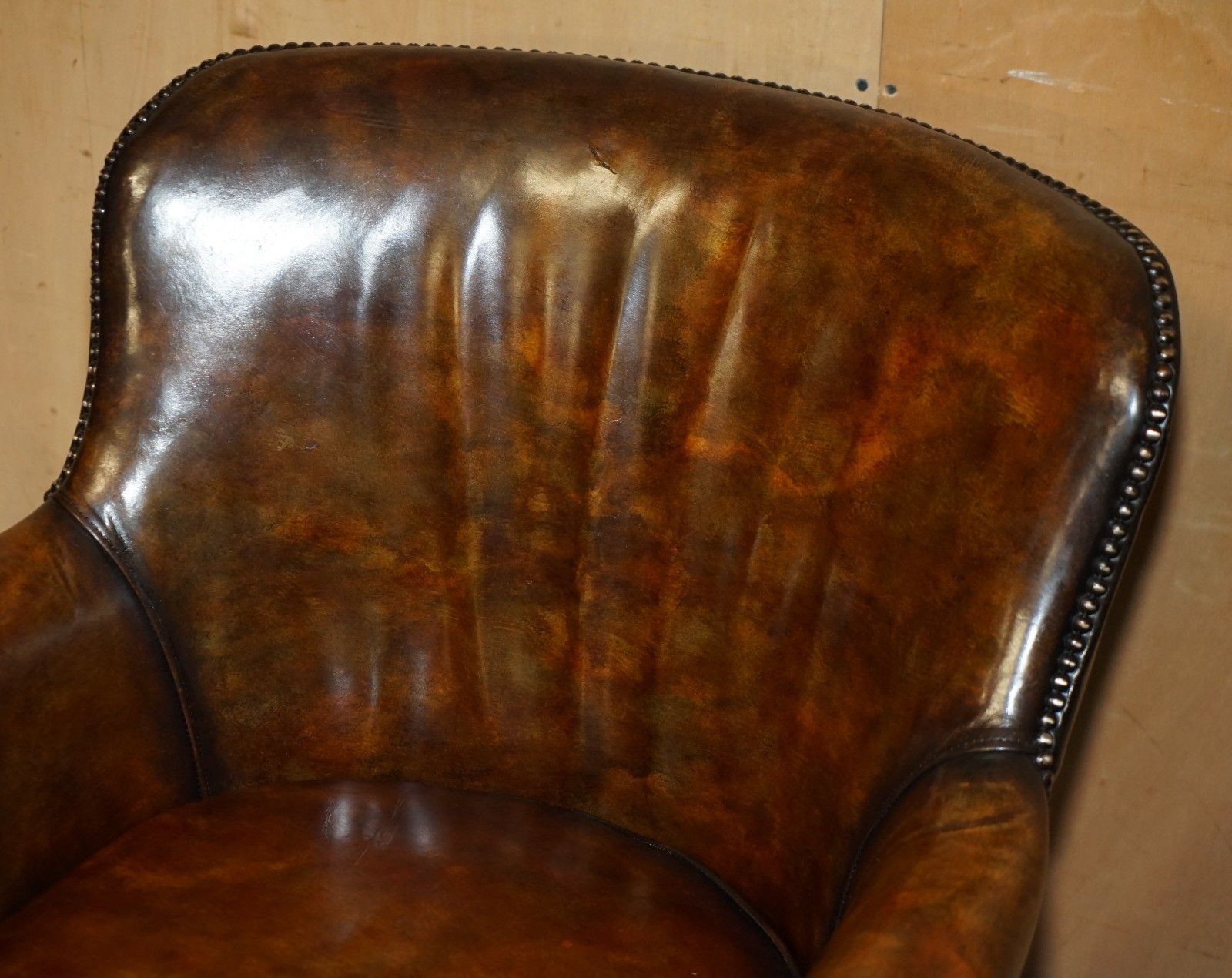 Vintage Hand Dyed Cigar Brown Leather Tub Club Armchair Hand Studded Upholstery photo 1750.0