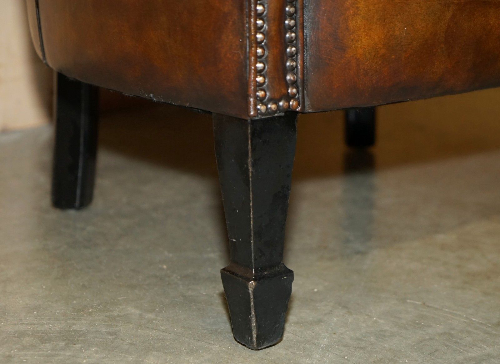 photo for sale Vintage Hand Dyed Cigar Brown Leather Tub Club Armchair Hand Studded Upholstery