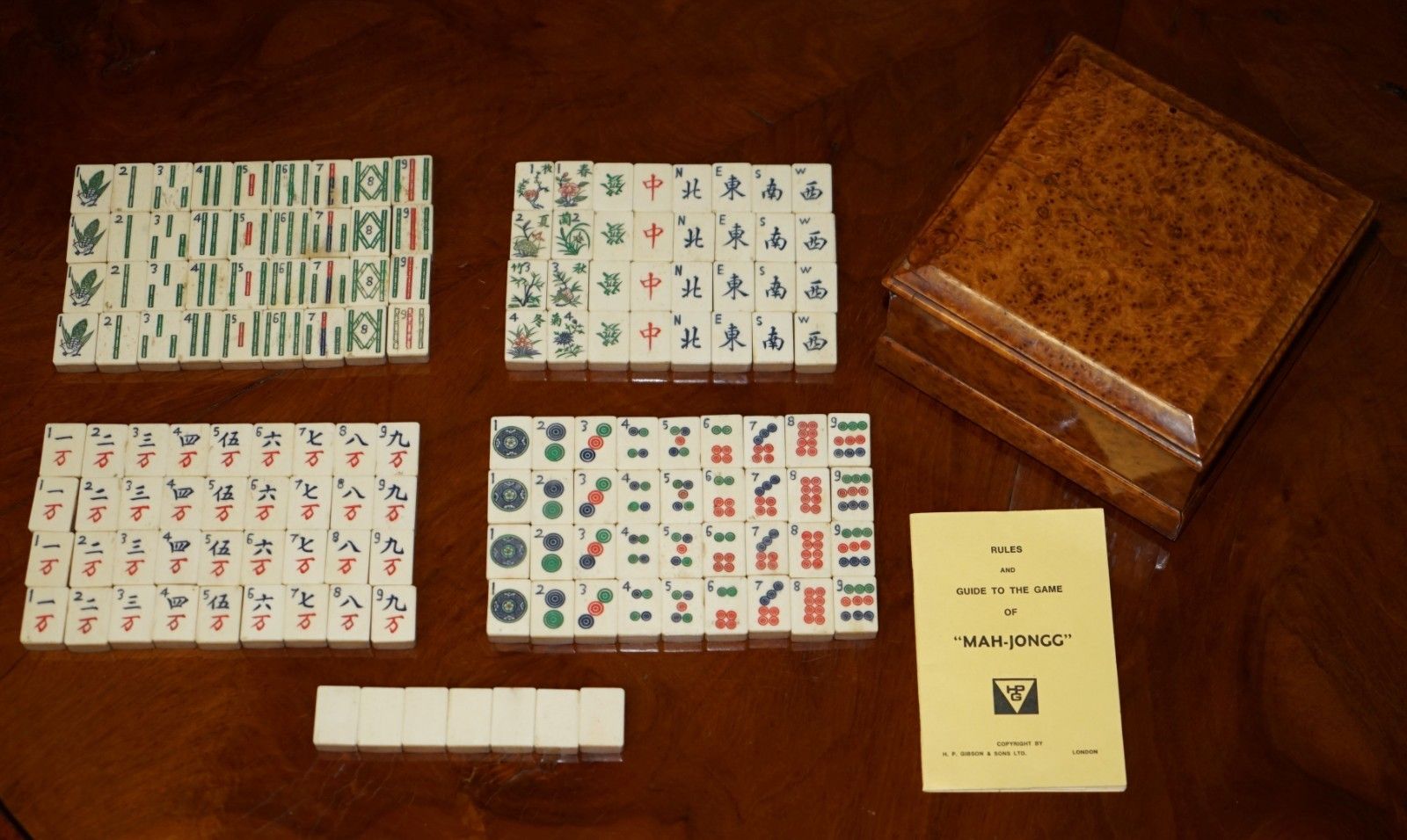 Antique Circa 1920 Chinese Mahjong Set + Counters In Original Amboyna Wood Case photo furniture