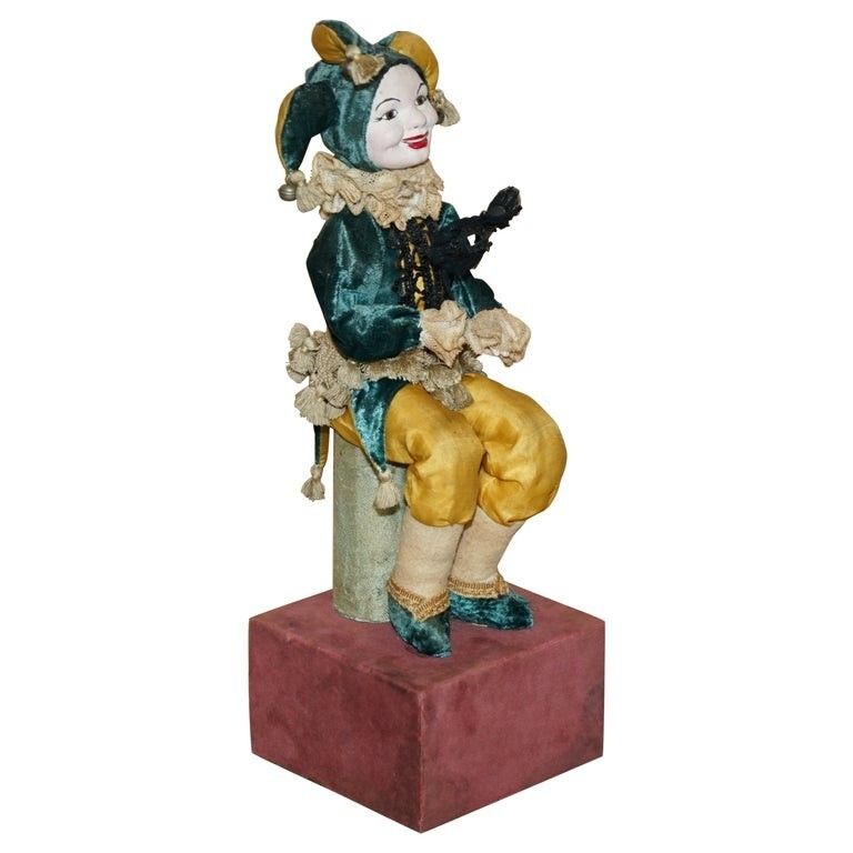 Antique French Hand Made Musical Automaton Jester Clown That Plays Music & Moves