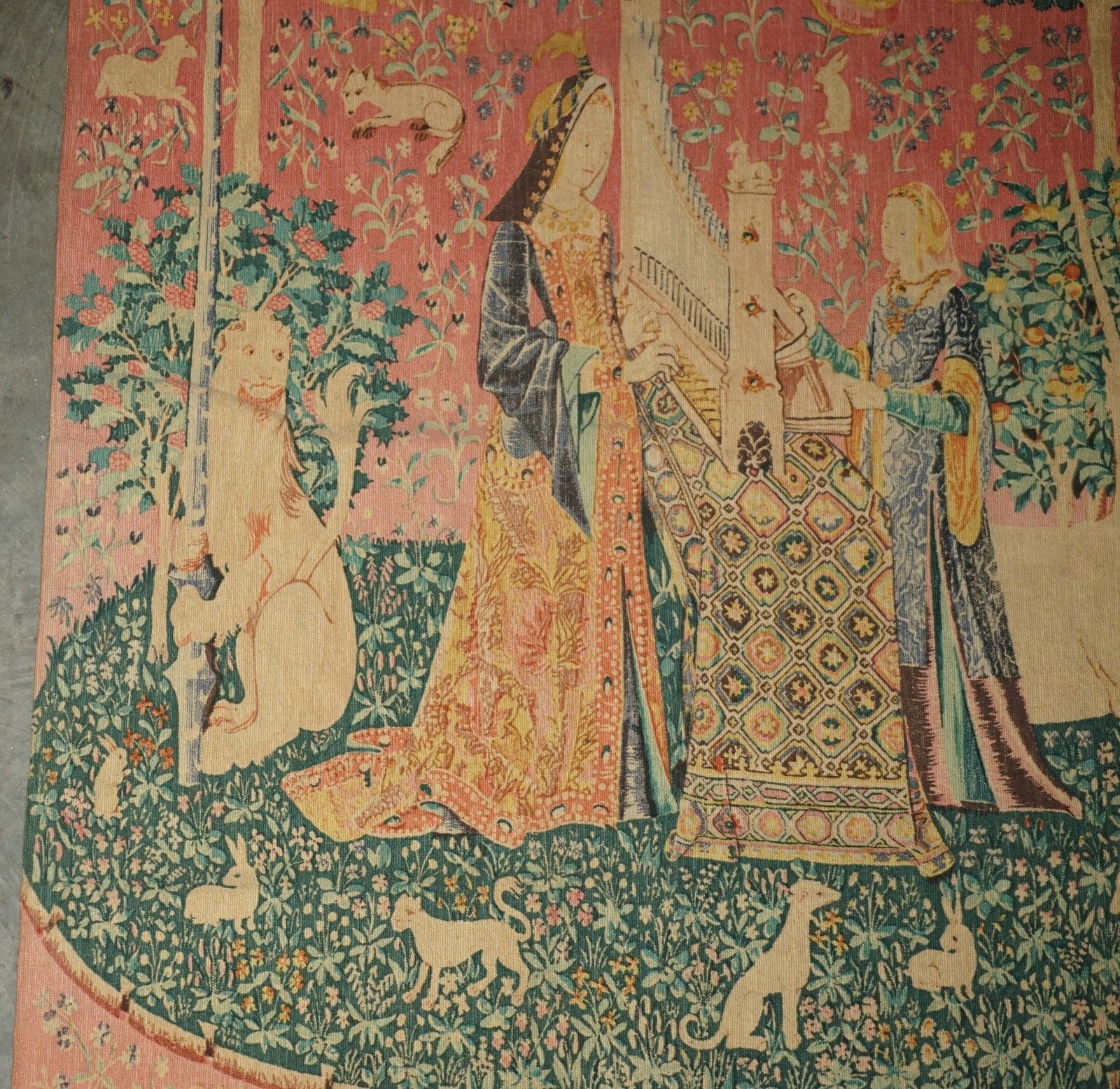 Mid Century Lady & The Unicorn Paris Made Tapestry With Old French Label Reverse photo buy