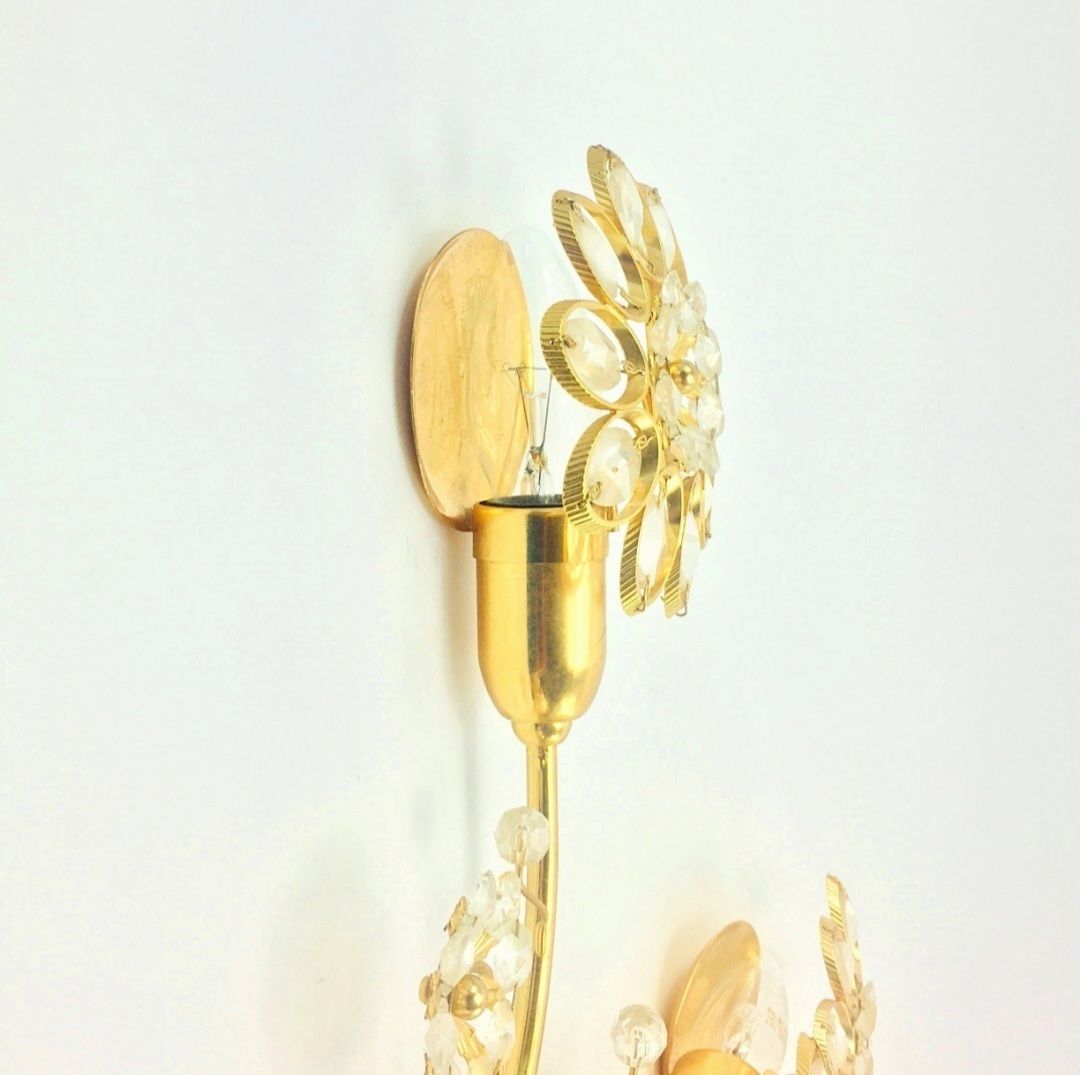 Grote Mid Century Wandlamp In Verguld Messing En Kristal, Bloemvorm, Palwa, Duitsland, Jaren 1970 photo vintage