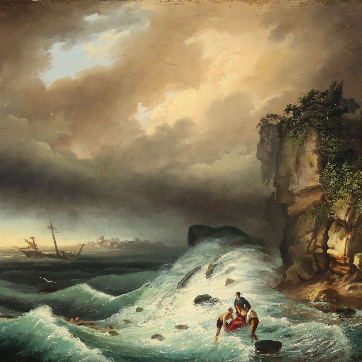Antique Painting The Shipwreck Oil On Canvas Italy XIX Century photo for sale