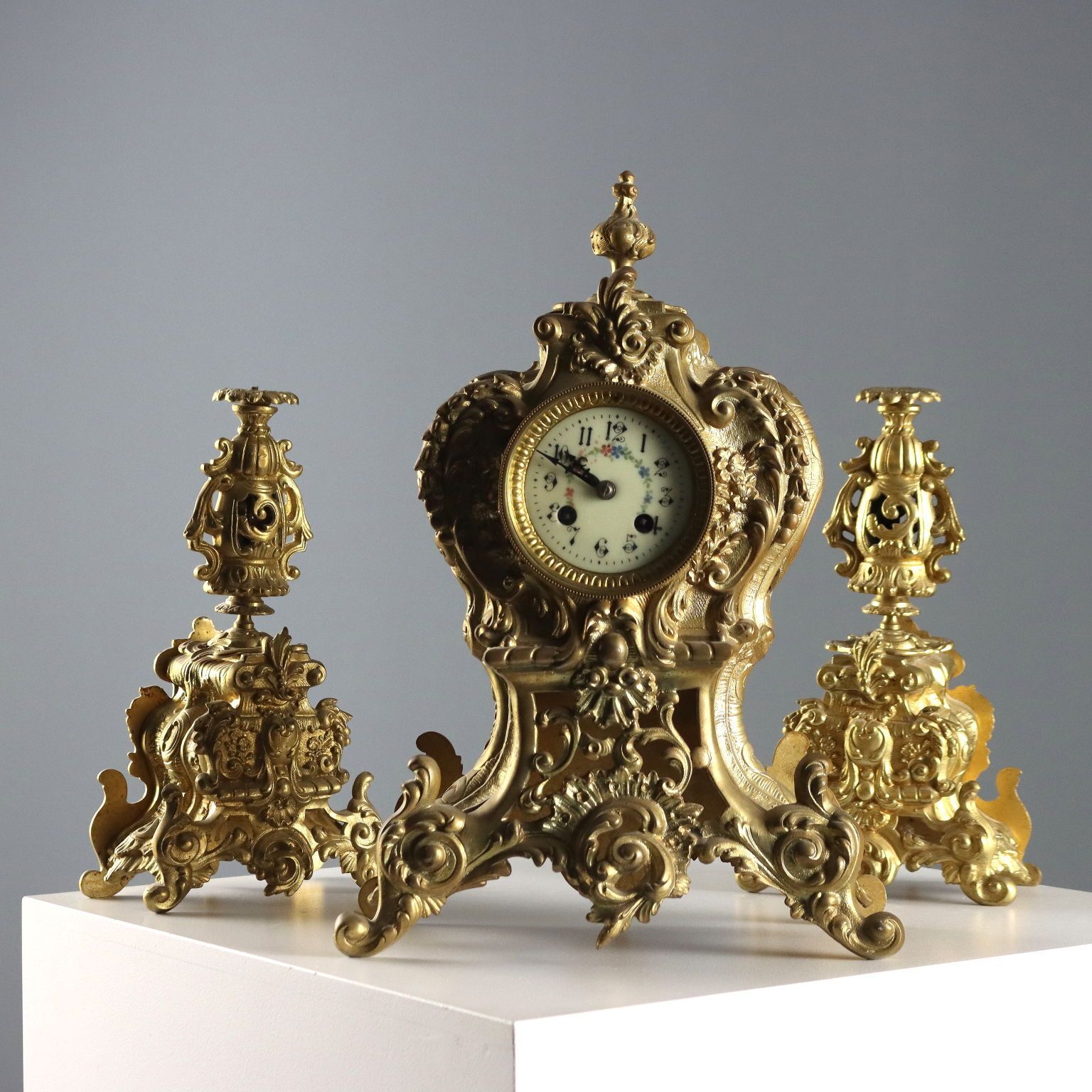 Antique Triptych Clock Gilded Bronze France XIX XX Century