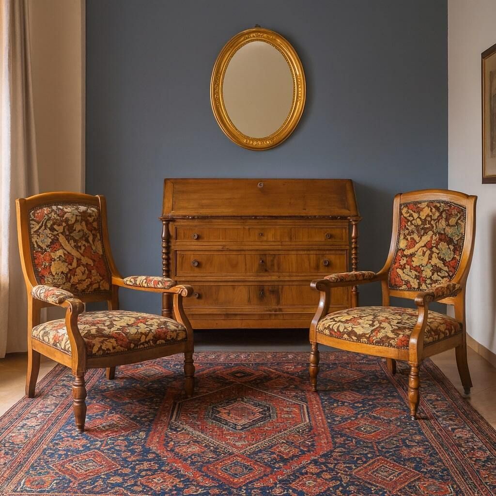 Antique Armchairs Walnut Maple Fabric Italy Late XIX Century photo furniture