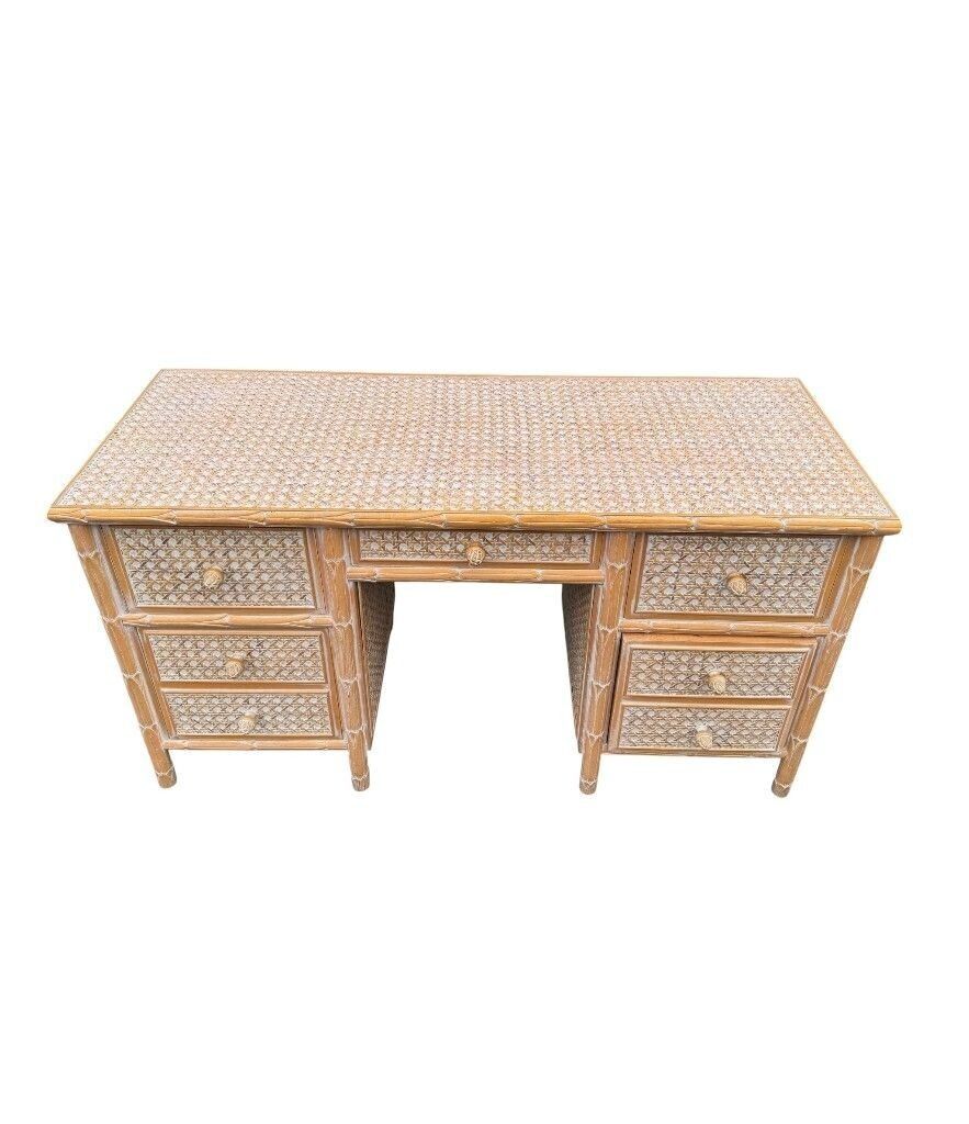 A 1980s Colonial Style Carved Wood And Rattan Desk By Roche Bobois photo Furniture
