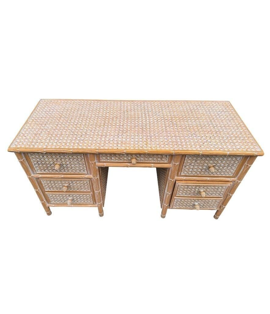 A 1980s Colonial Style Carved Wood And Rattan Desk By Roche Bobois photo vintage
