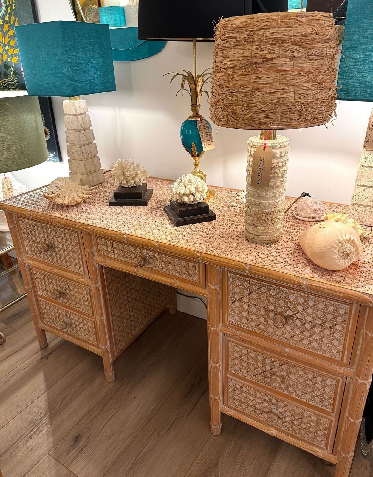 photo for sale A 1980s Colonial Style Carved Wood And Rattan Desk By Roche Bobois