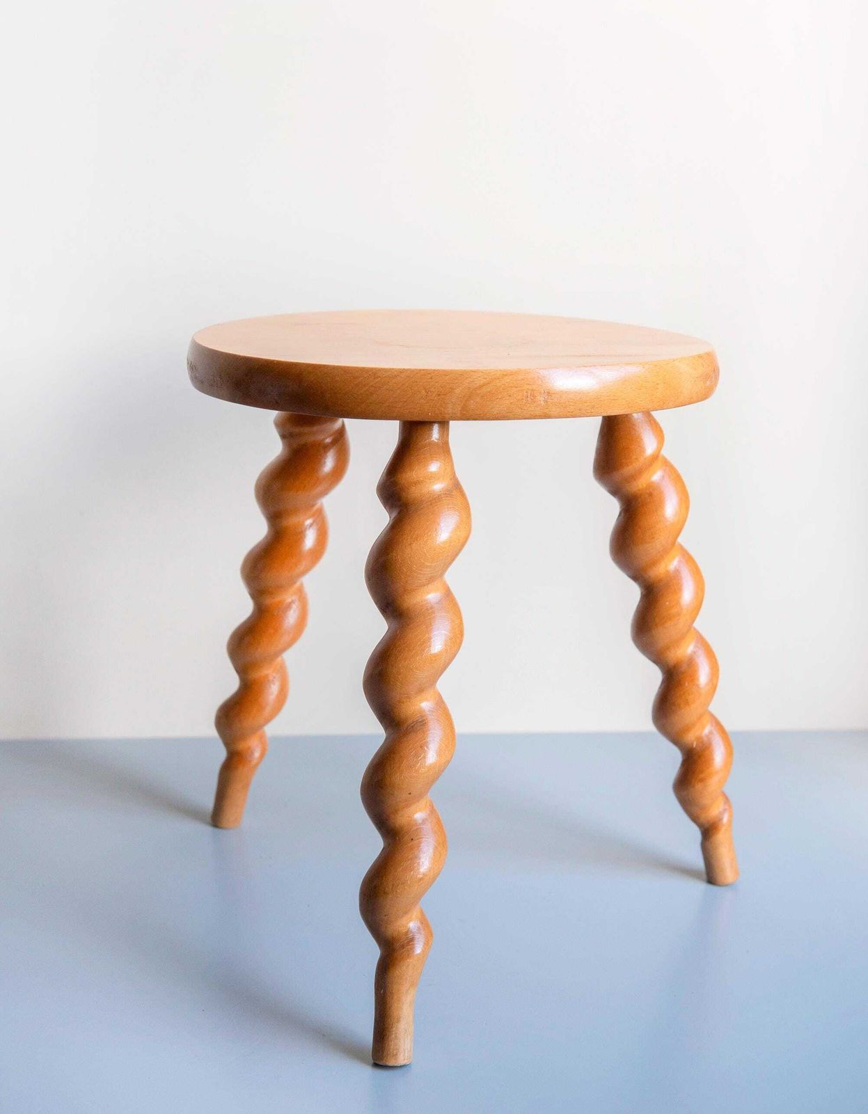 French Vintage Barley Twist Milking Stool – Rustic Wooden Plant Stand – Turned Legs Accent Table photo for sale
