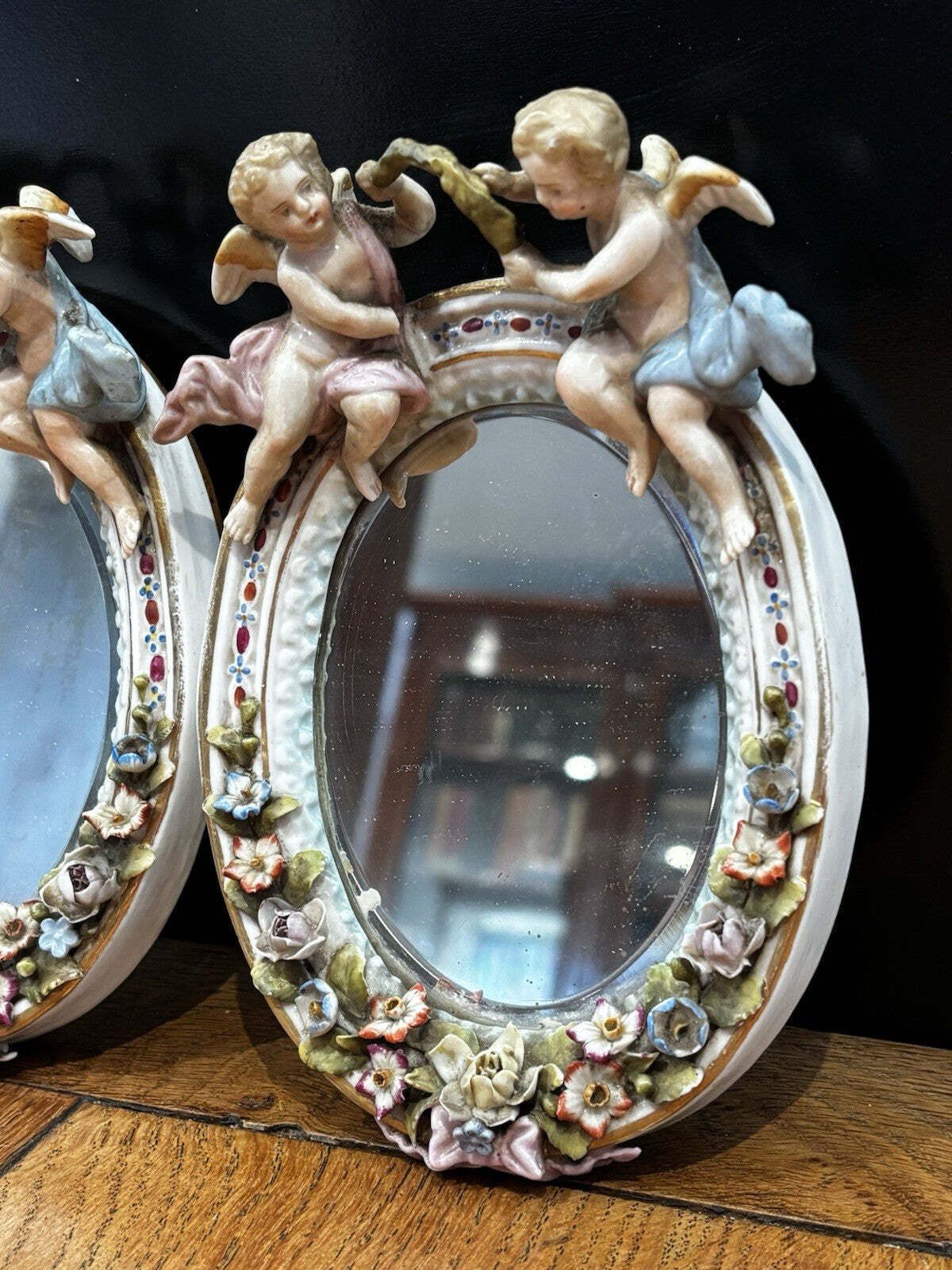 Pair Of Small Winged Cherub Porcelain Wall Mirrors, German, Possibly Meissen photo for sale