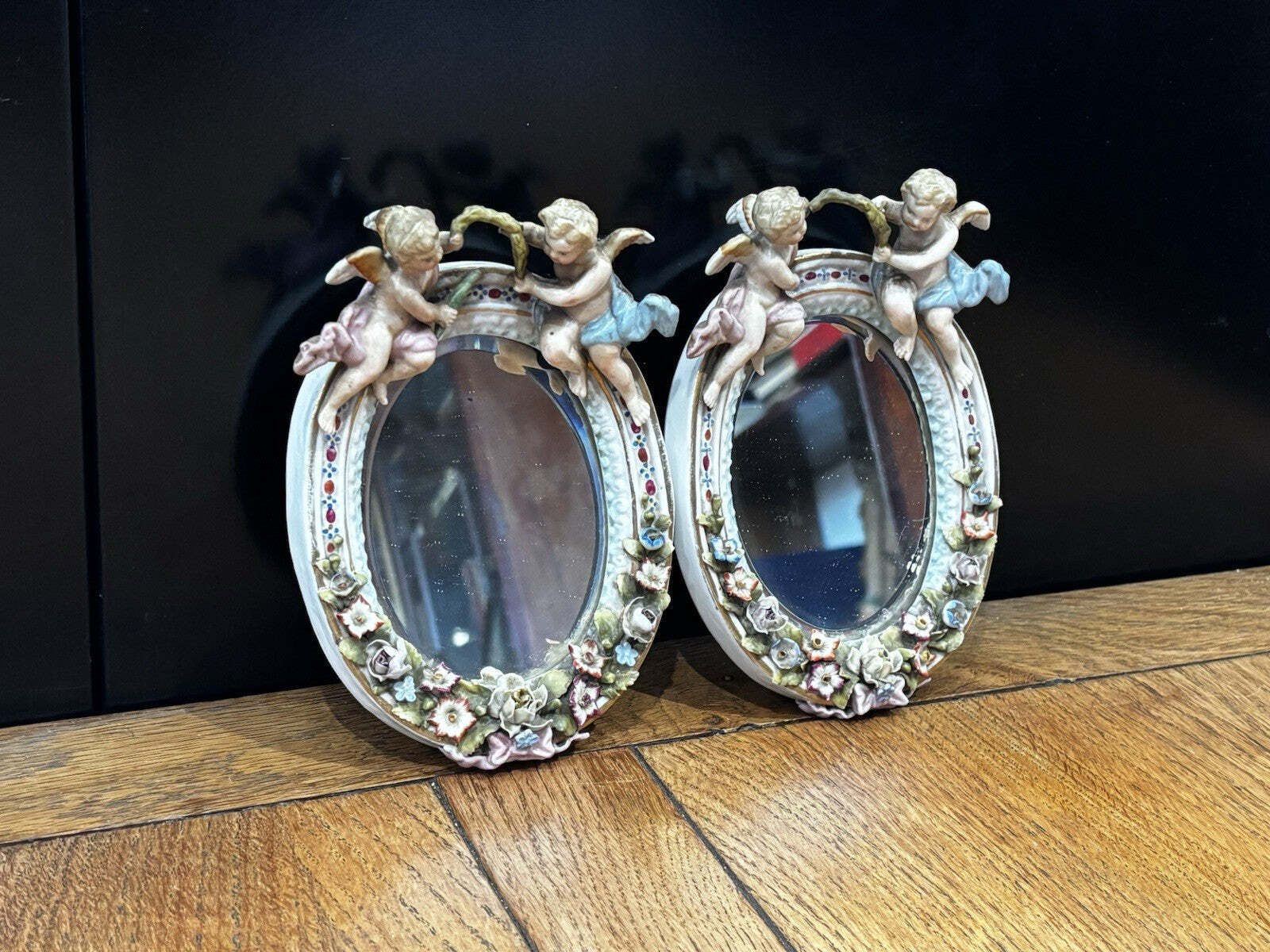 Pair Of Small Winged Cherub Porcelain Wall Mirrors, German, Possibly Meissen photo vintage