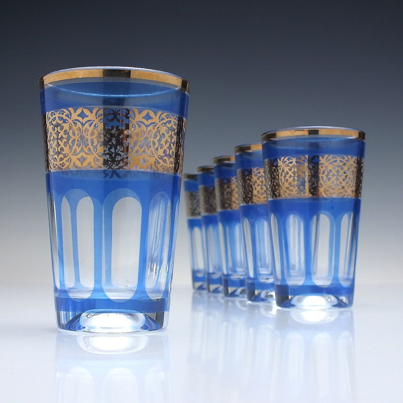 Six Vintage French Blue And Gilded Tea Glass Tumblers C1960