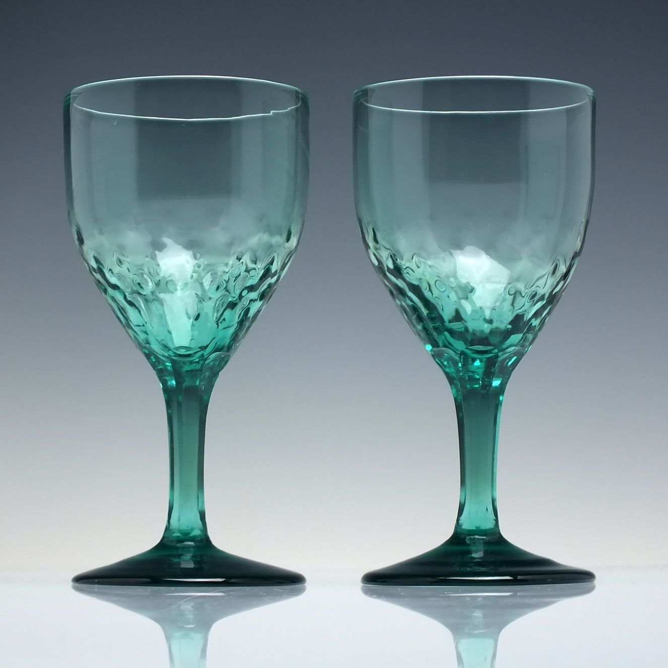 Pair 19th Century Green Wine Glasses With Hammer Moulded Bowls C1850