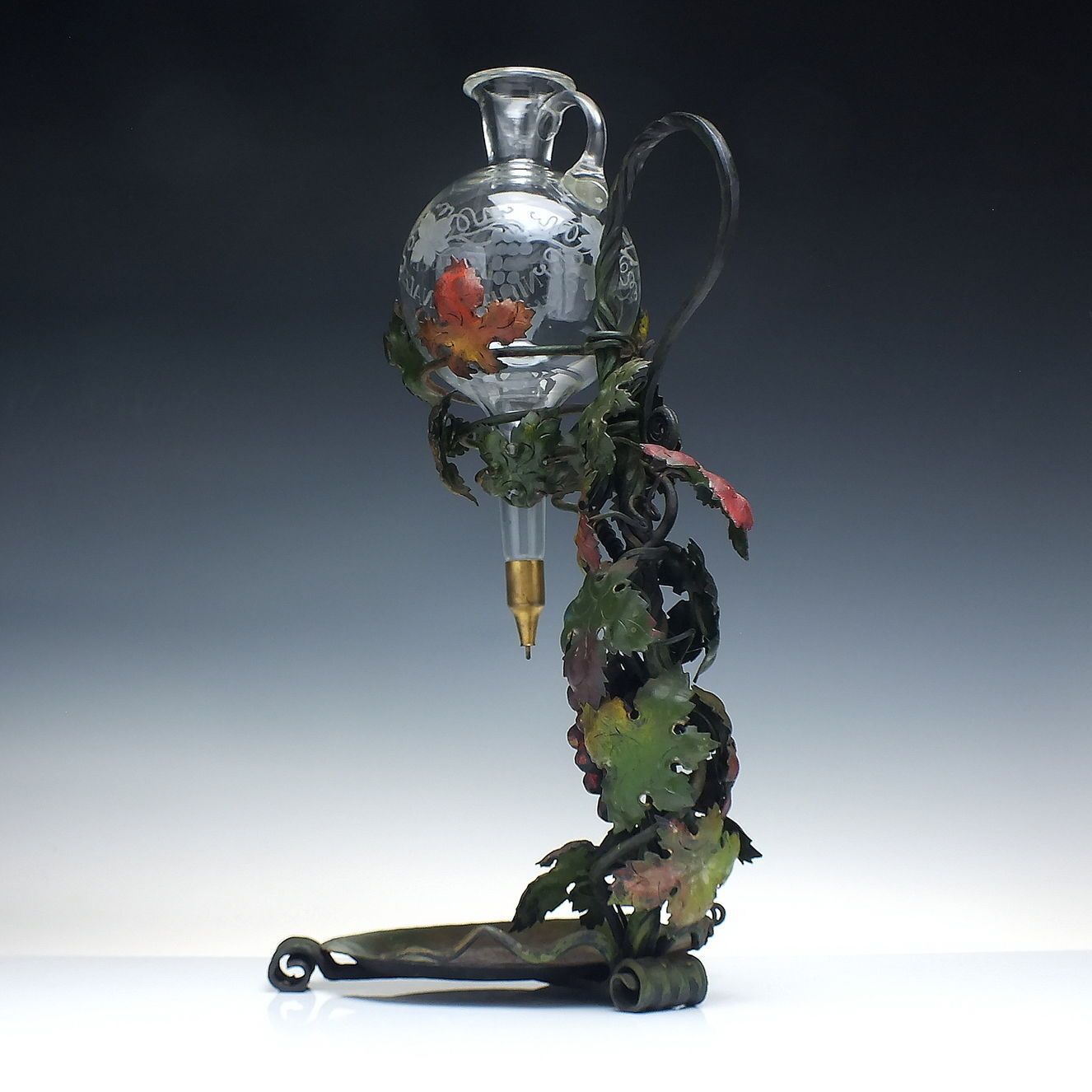 Exceptional Art Nouveau Wrought Iron Engraved Glass Wine Carafe Dispenser C1900 photo furniture