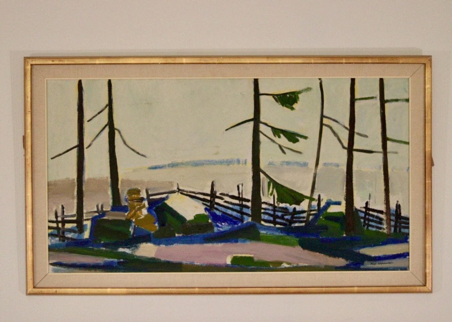 Original Mid Century Swedish Oil On Panel– “Winter Day In The Garden” By Kåge Liefwendal 1960s, Signed & Framed 102 × 60 Cm (40.2" × 23.6") photo furniture