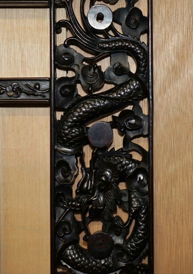 photo for sale Lovely Ornately Carved Vintage Chinese Dragon Wall Mirror With Original Plate
