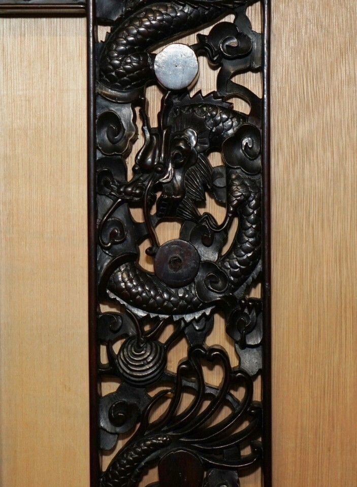 Home Decor Lovely Ornately Carved Vintage Chinese Dragon Wall Mirror With Original Plate photo