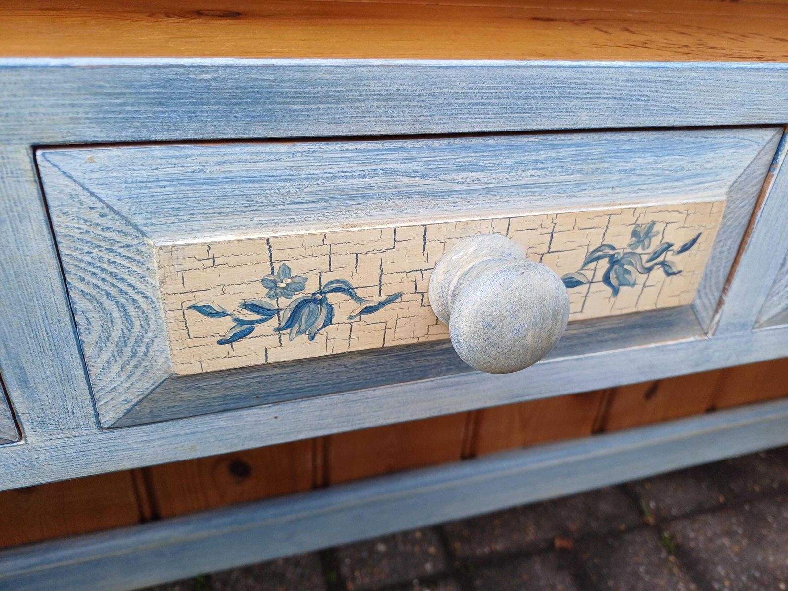 Furniture Rustic Pine Dresser Top Wall Shelf With Drawers Hand Painted Blue Distressed Finish Country Cottage Kitchen Storage Unit photo