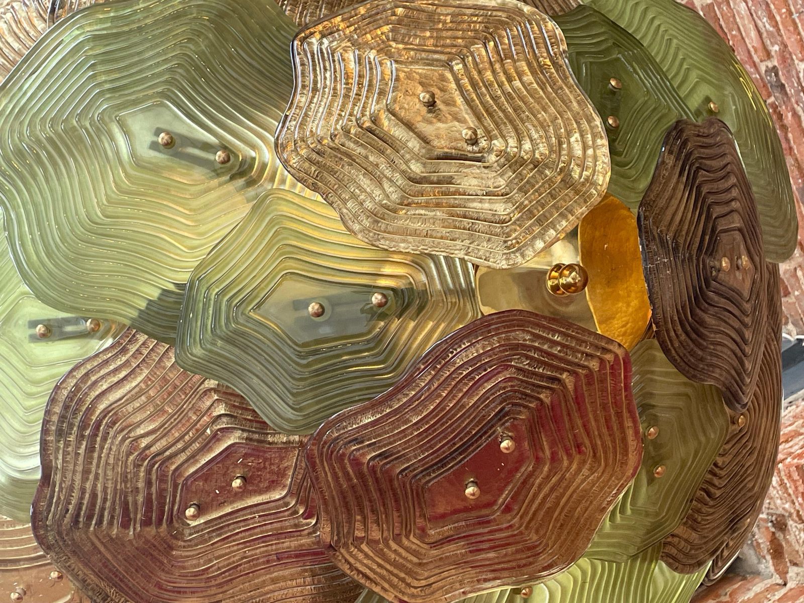 Multicolored Glass Ceiling Lamp In Green, Brown And Gold From Murano, Italy. photo vintage