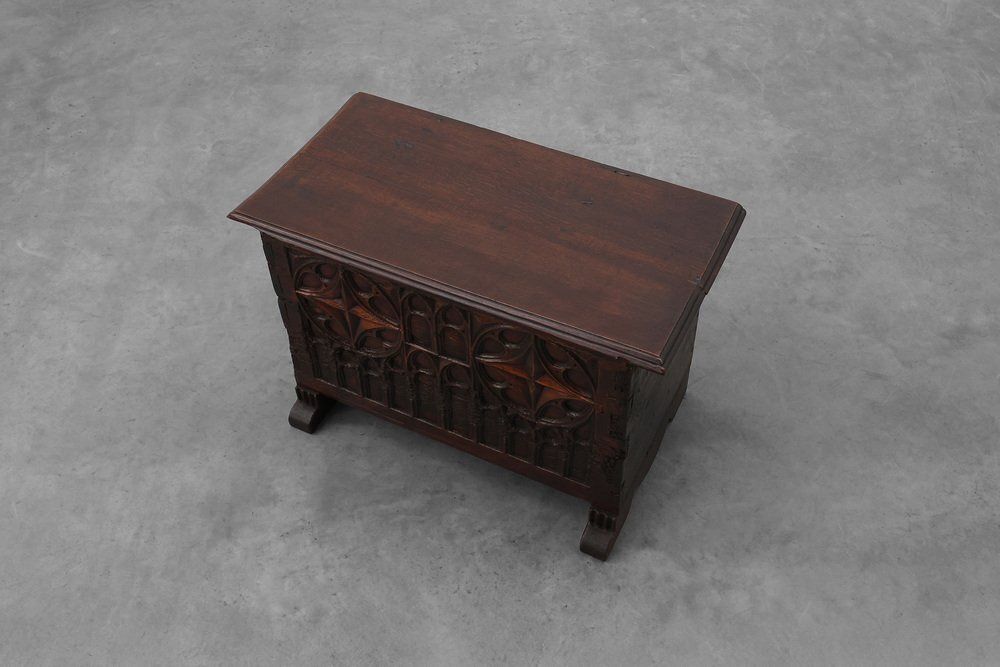 16th Century Gothic Carved Oak Chest, France photo vintage