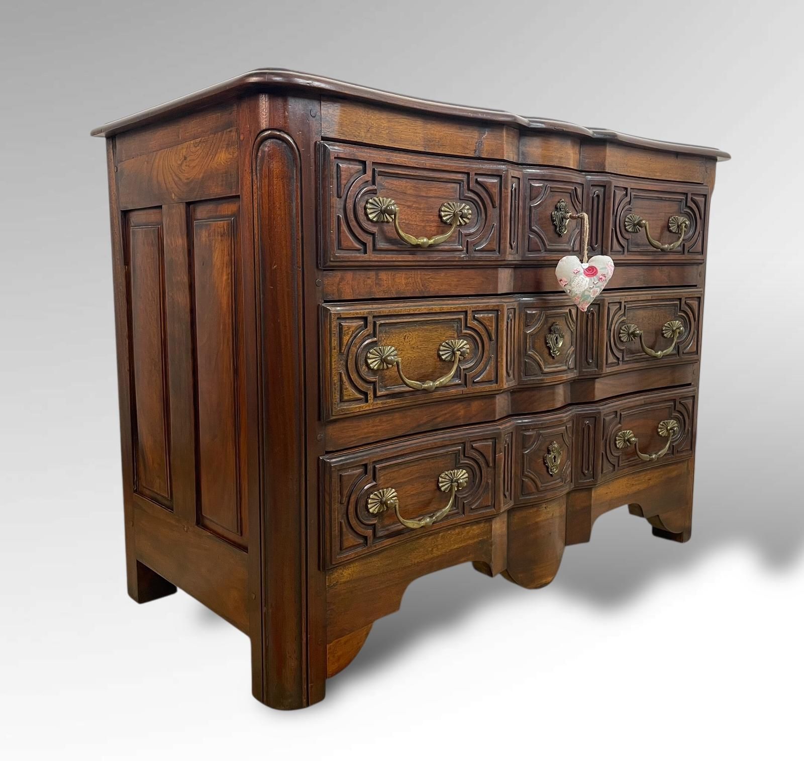 Antique Walnut Commode With Carved Panels & Brass Handles photo for sale