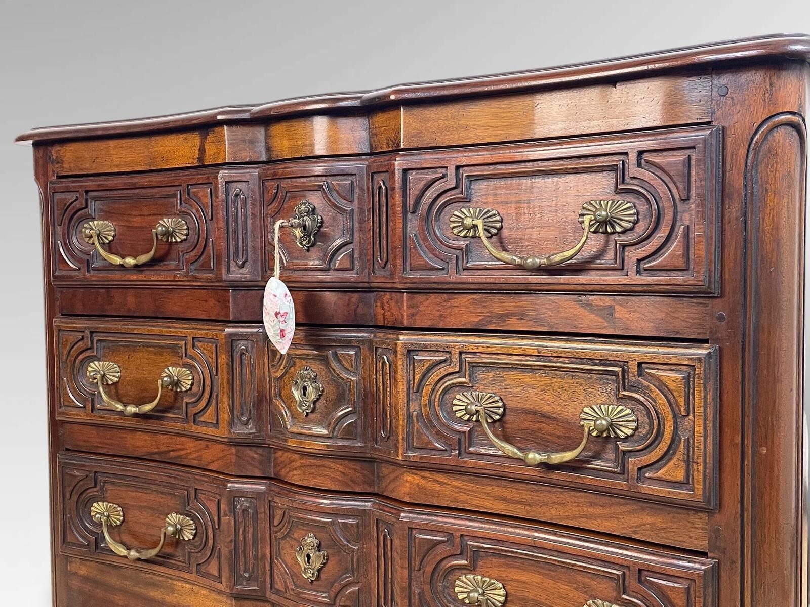Antique Walnut Commode With Carved Panels & Brass Handles photo buy