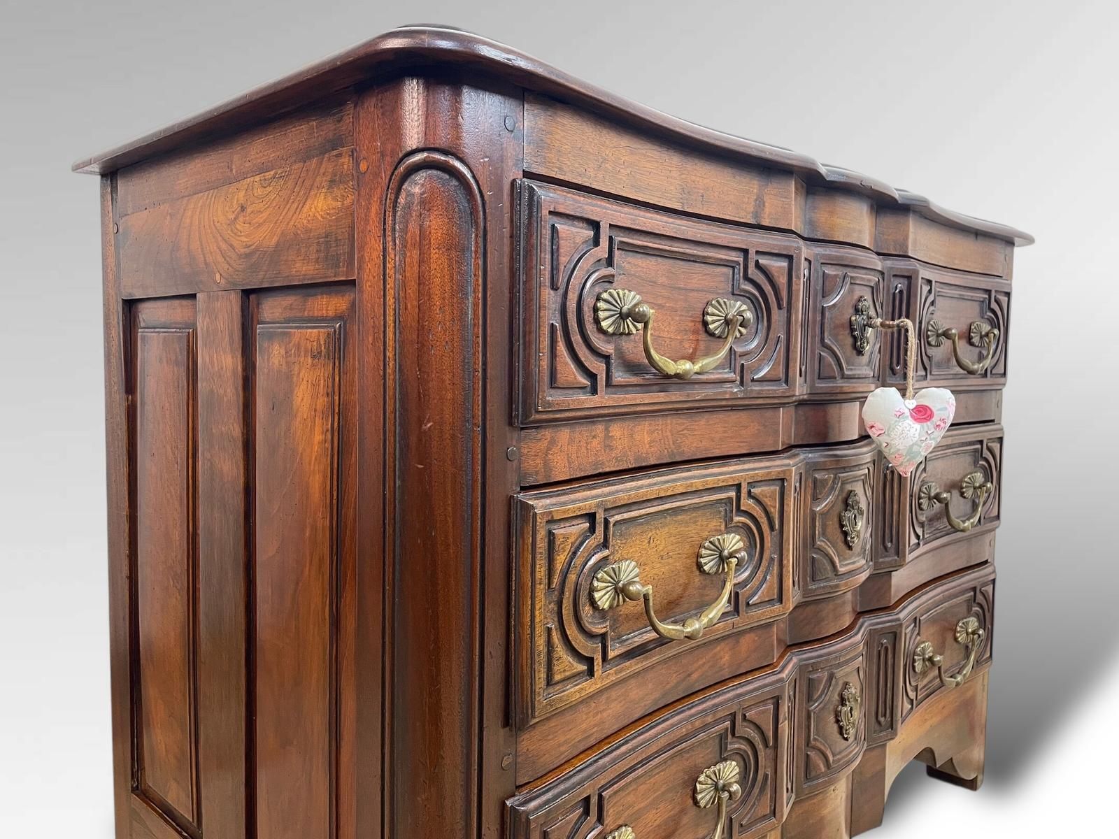 Furniture Antique Walnut Commode With Carved Panels & Brass Handles photo