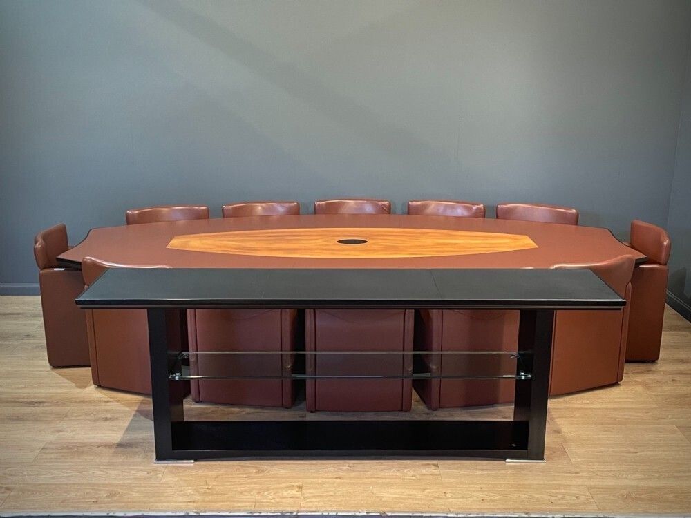 Italian Tecno Spa Conference Table, Twelve Leather Serie 148 Chairs & Console Table photo furniture