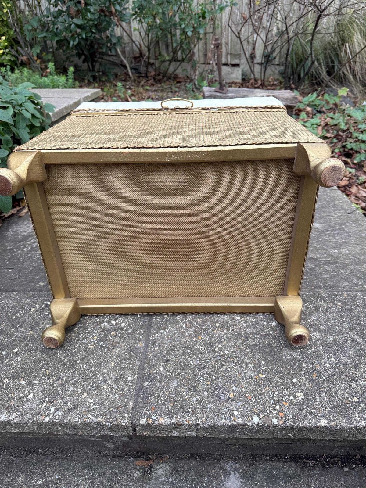 Furniture Mid Century Vintage Lloyd Loom Style Gold Linen Basket, Vintage Stool, With New Padded Seat Cover photo