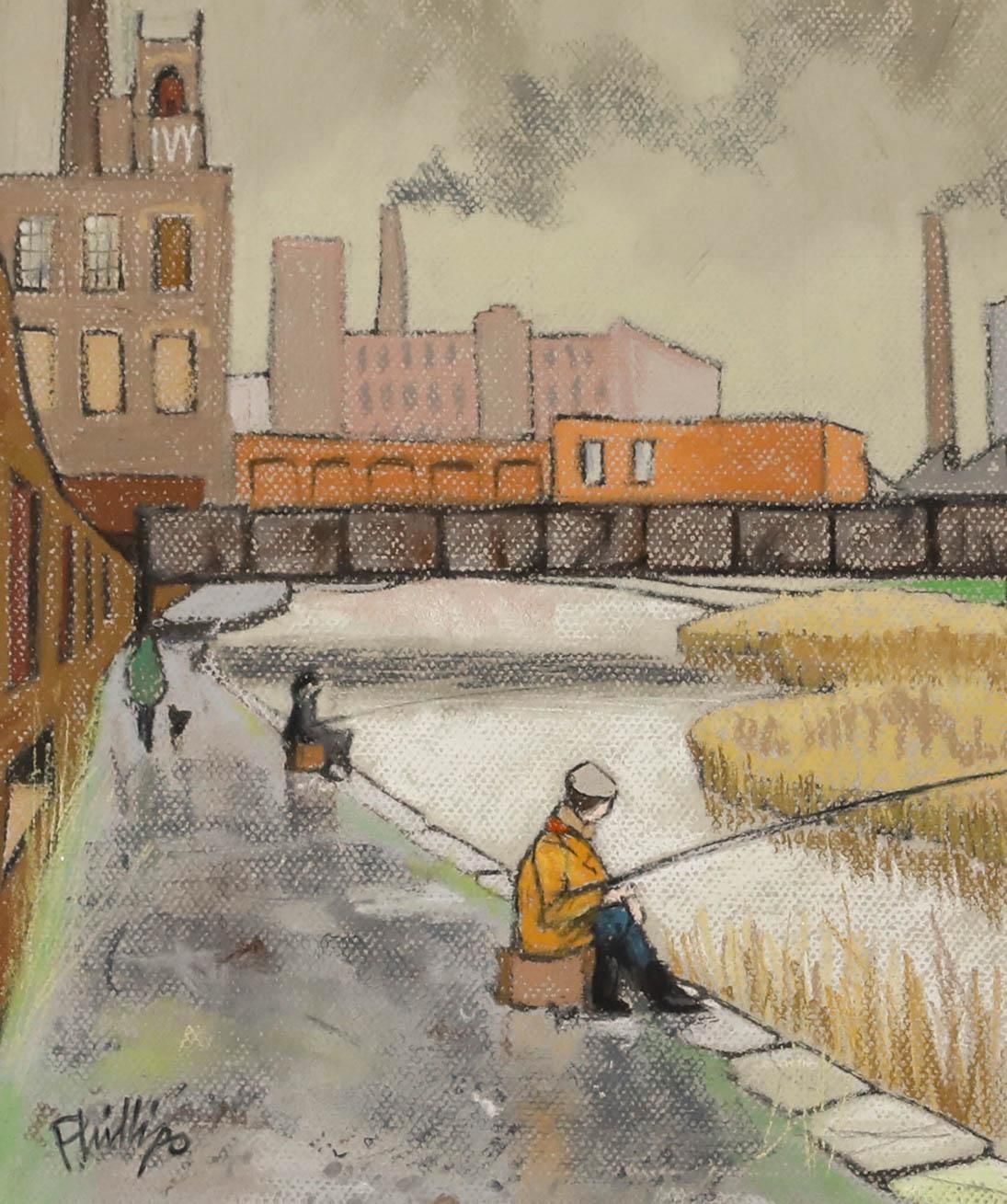 Brian Phillips Framed 20th Century Pastel, Anglers At The City Docks photo furniture