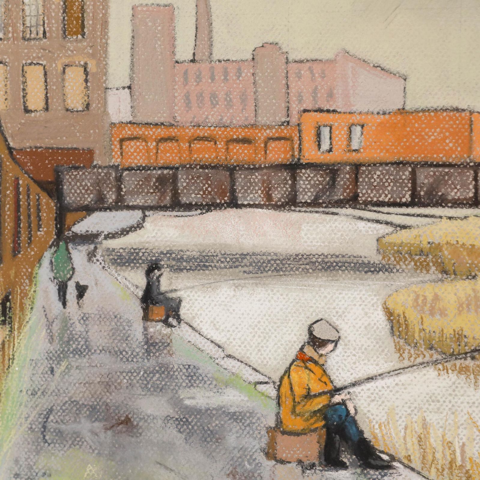 Brian Phillips Framed 20th Century Pastel, Anglers At The City Docks photo Art