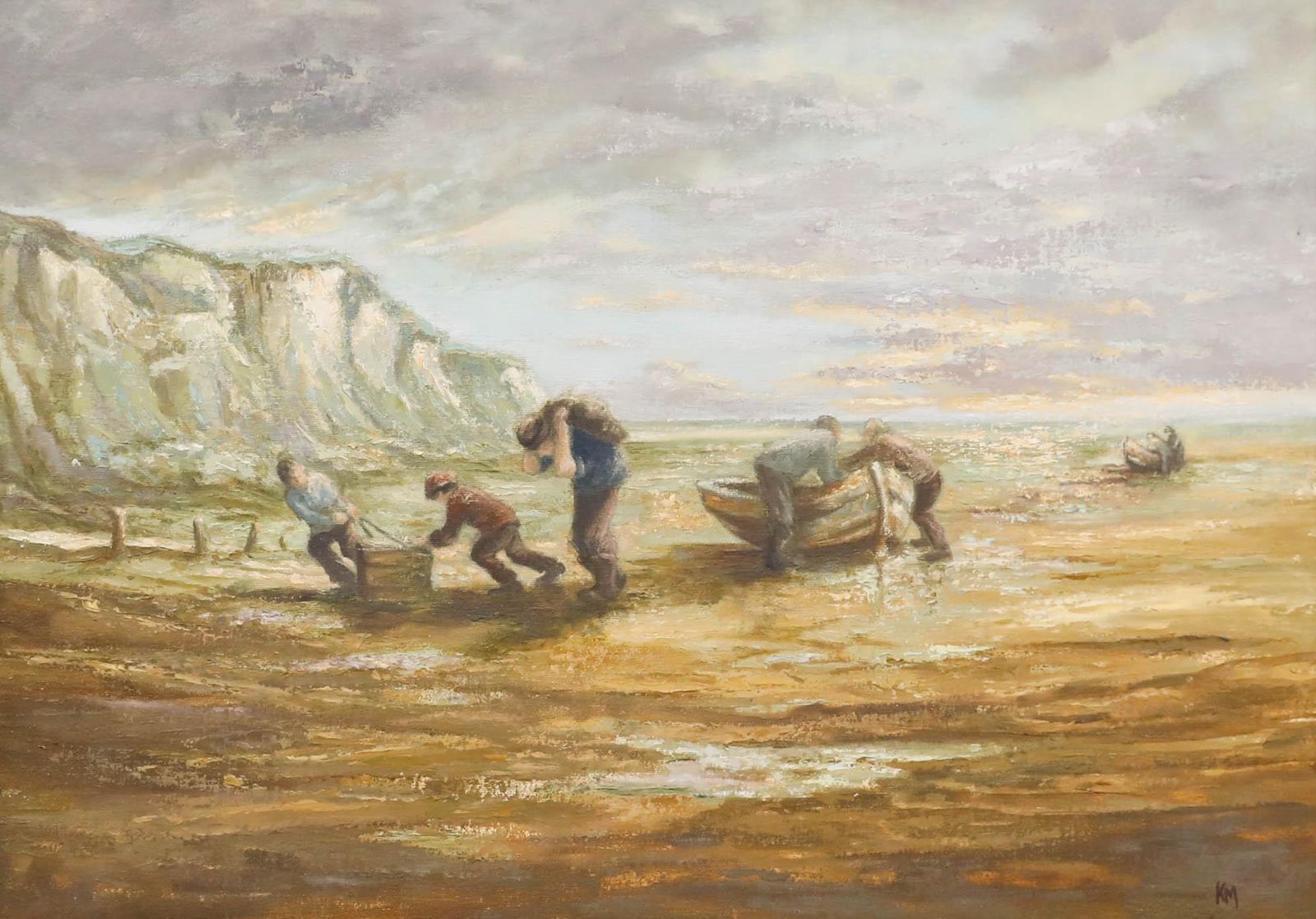 K.M Framed 20th Century Oil, Bringing The Boats Ashore photo furniture