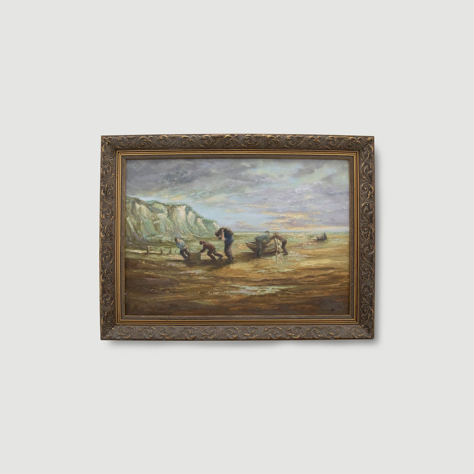 K.M Framed 20th Century Oil, Bringing The Boats Ashore photo vintage