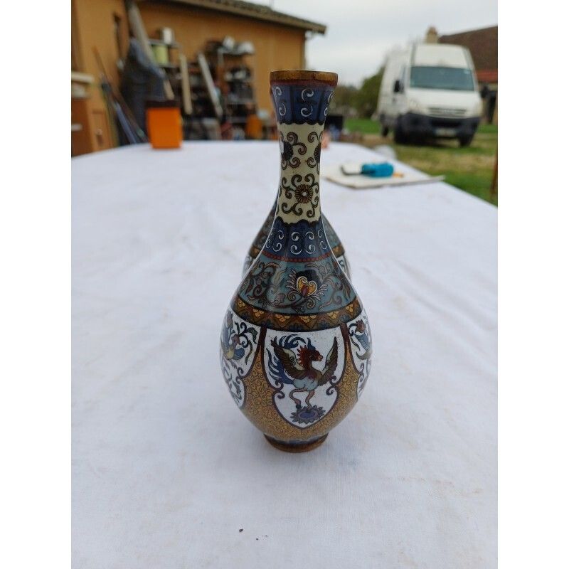 Pair Of Chinese Cloisonné Enamel Vases photo for sale