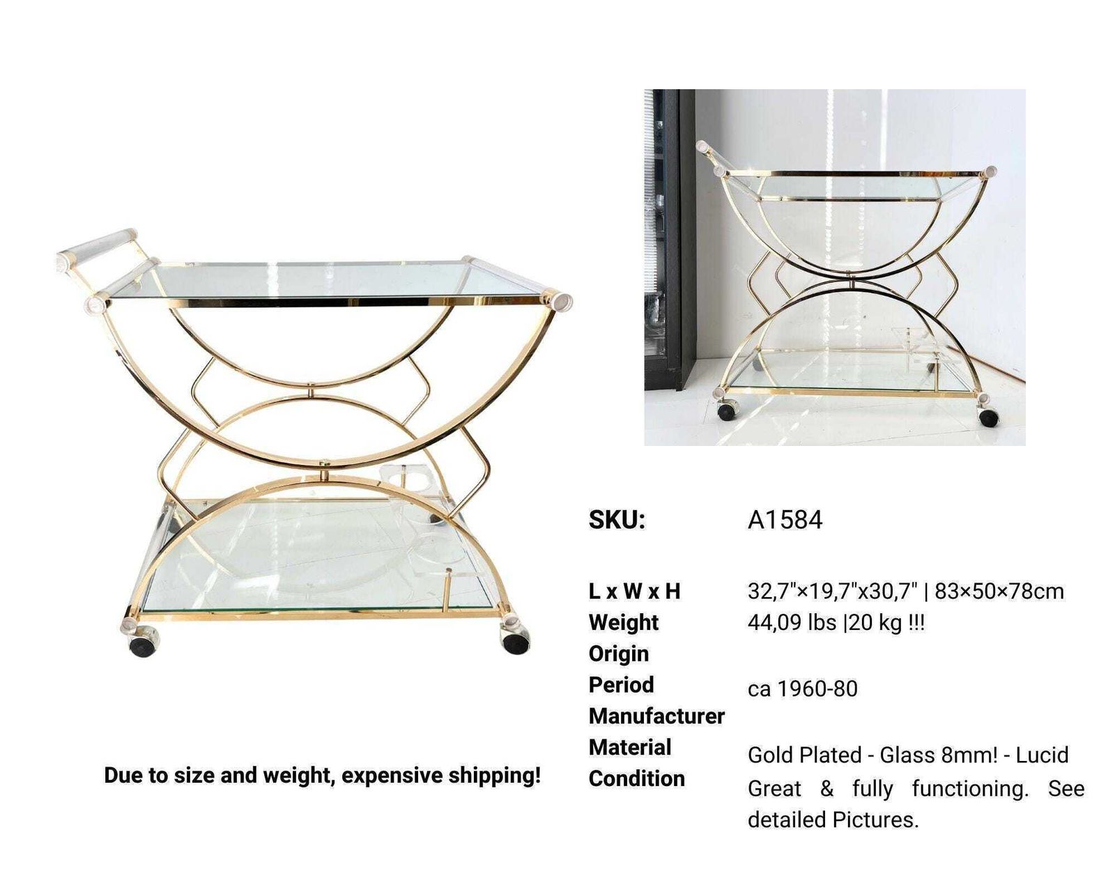 photo furniture Lucite Barkar Goud | Plexiglas & Glas Trolley | 1970