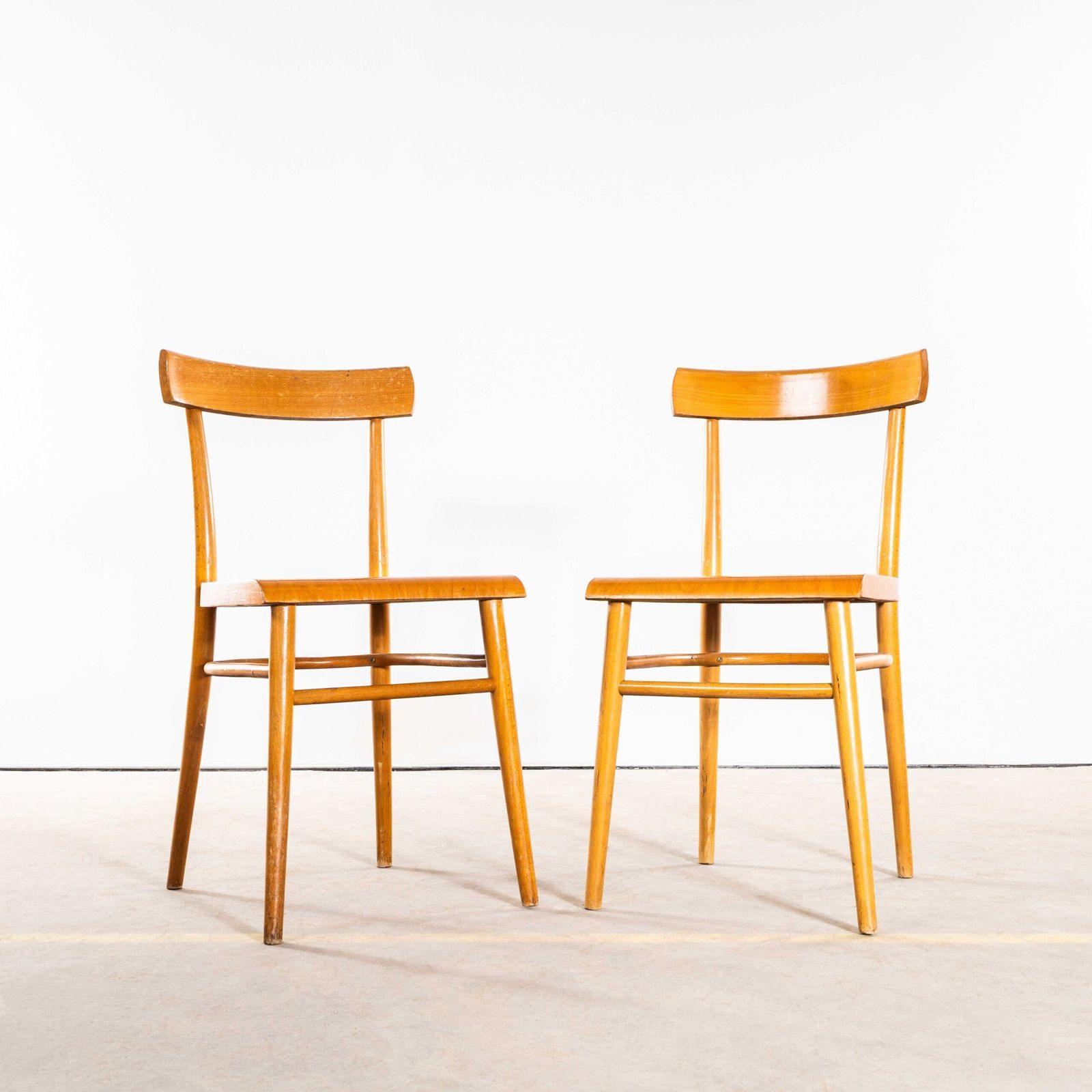1950’s Honey Oak Single Bar With Flat Curved Edged Seat Dining Chairs – Pair