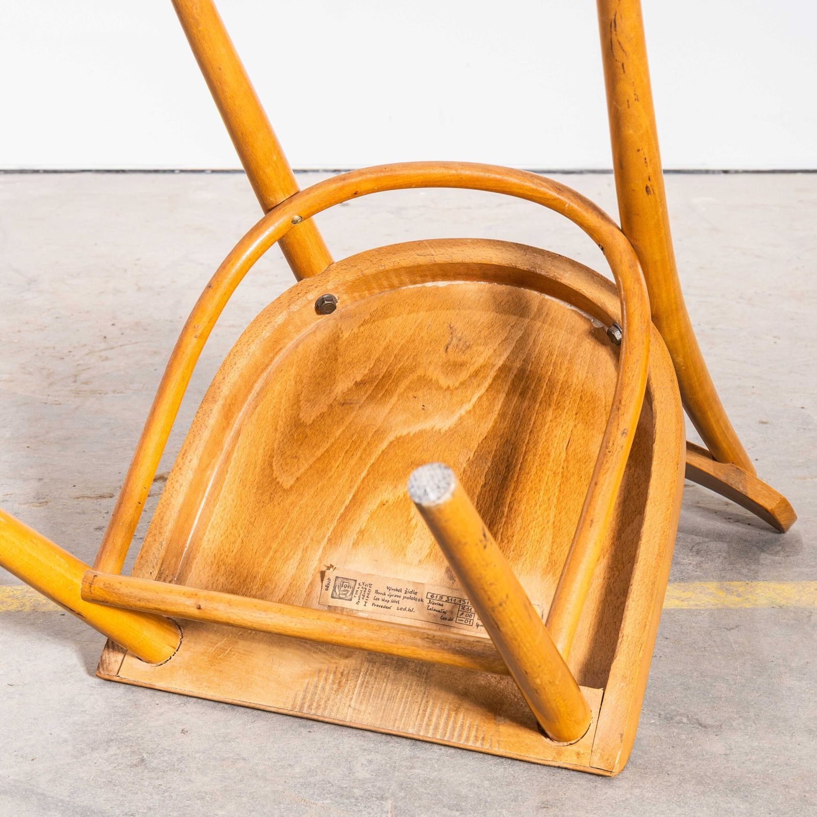 photo furniture 1950’s Honey Oak Single Bar With Flat Curved Edged Seat Dining Chairs – Pair