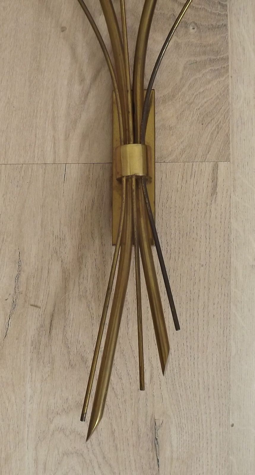 Lighting Mid Century French Brass Wall Sconces With Bullrush Design And Opaque Glass Shades photo